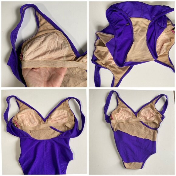 Vintage Bathing Suit Shell Beach One Piece Purple Crossover Front Ribbed EST. Lg - Picture 7 of 12